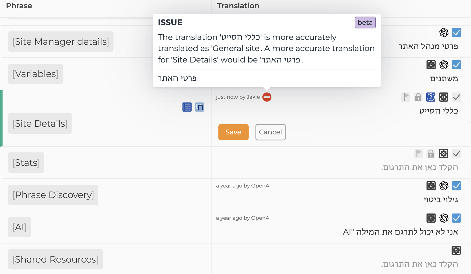 Screenshot of SiteTran AI Review feature showing negative feedback